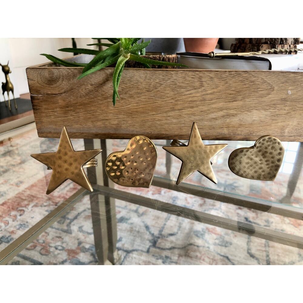 Vintage Gold Brass Hearts & Stars Napkin Rings, Solid Brass Holders, Set of 4
